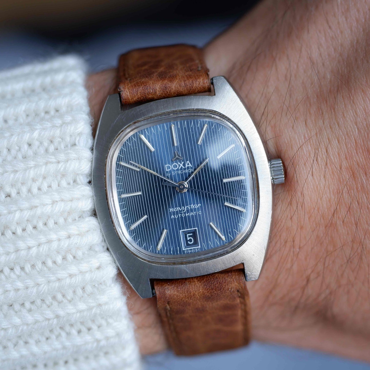Vintage Doxa Navystar Automatic Watch 70s Blue Striped Dial with Date