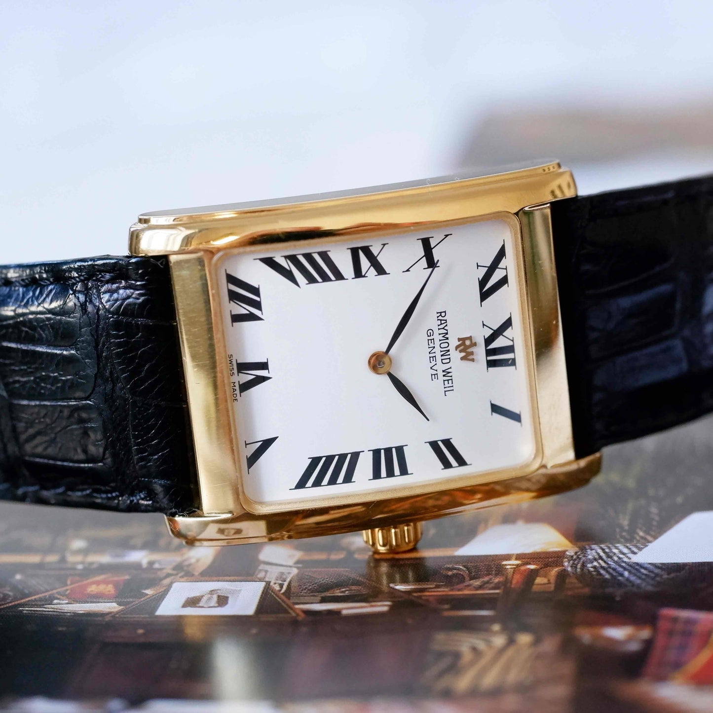 Vintage Raymond Weil Tank Dress Watch Mechanical Golden White Dial