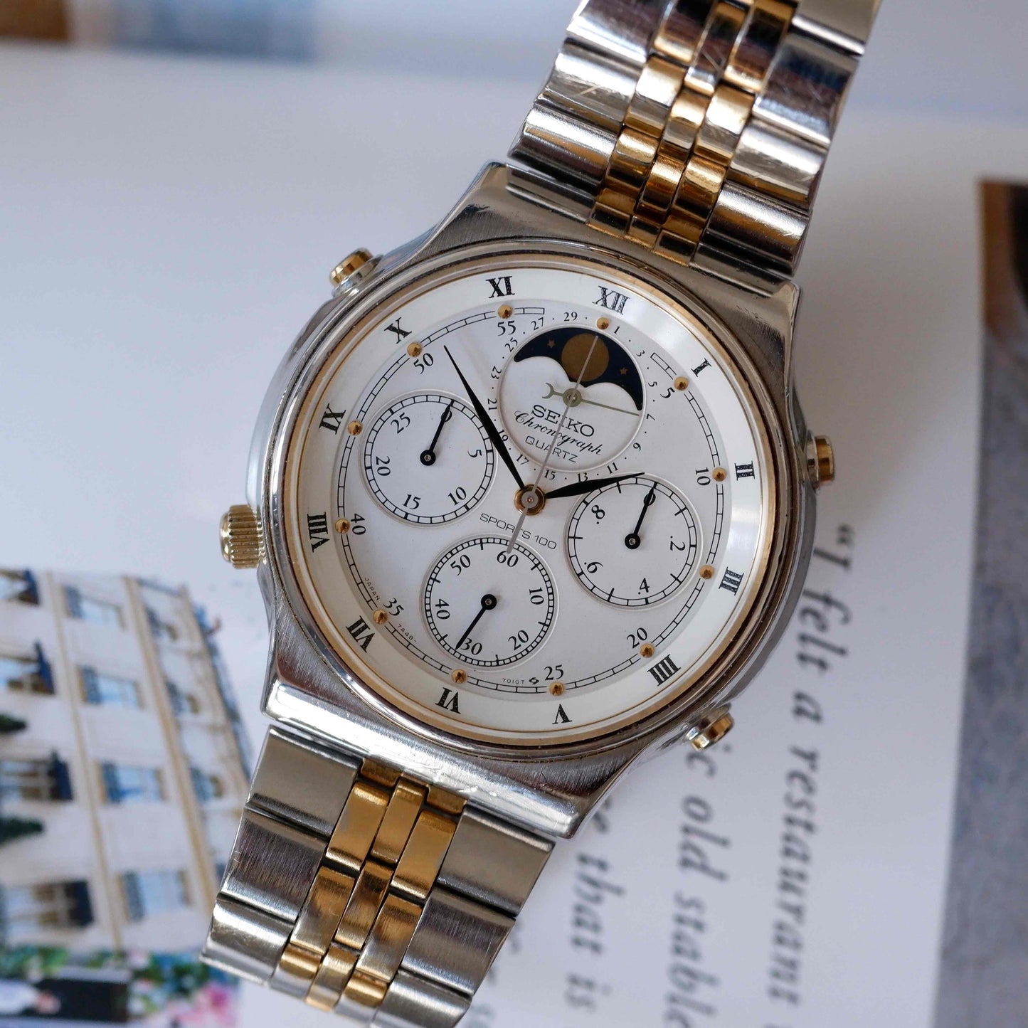 Vintage Seiko Moon Phase Chronograph Ref. 7A48.7000 Quartz from the 80s