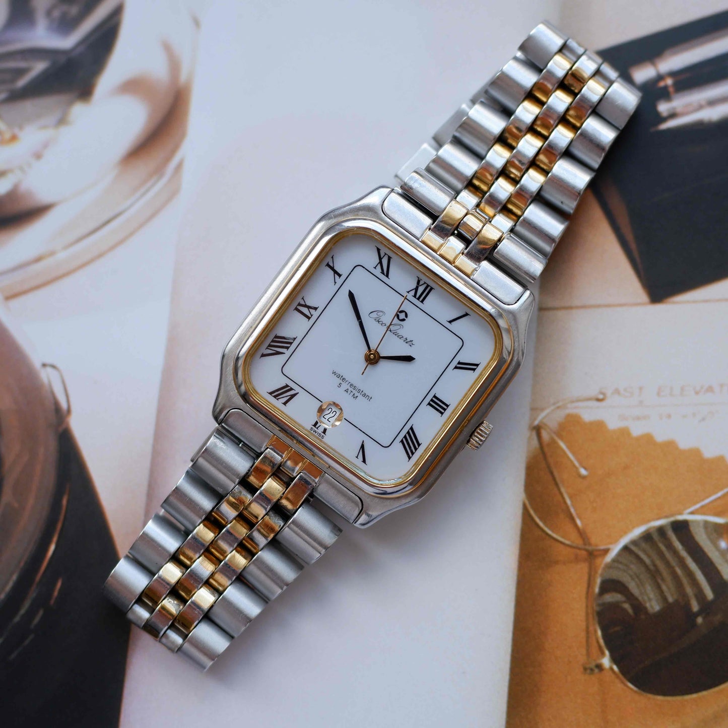 Vintage Osco Tank Style Watch 90s Roman Dial Two Tone Quartz