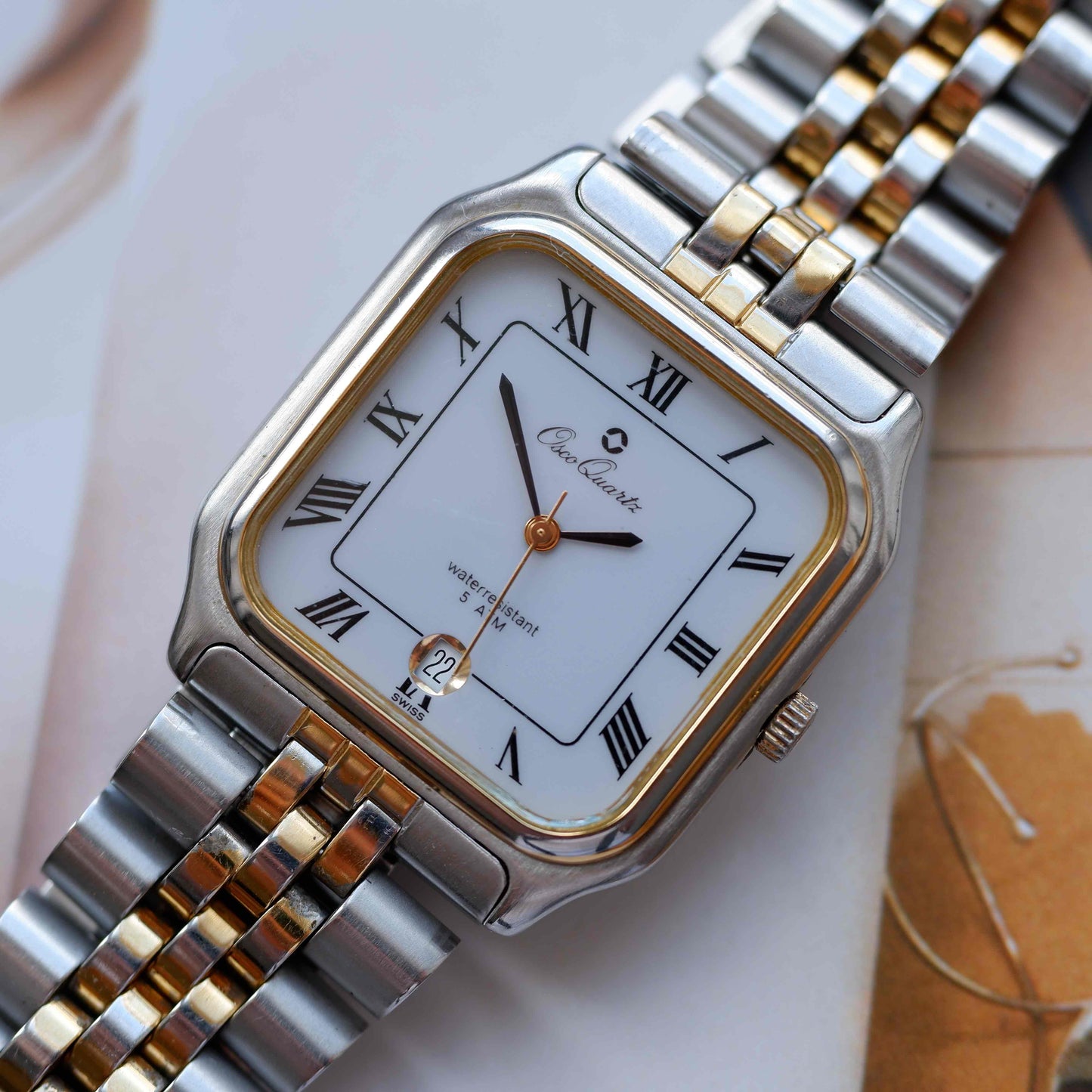 Vintage Osco Tank Style Watch 90s Roman Dial Two Tone Quartz