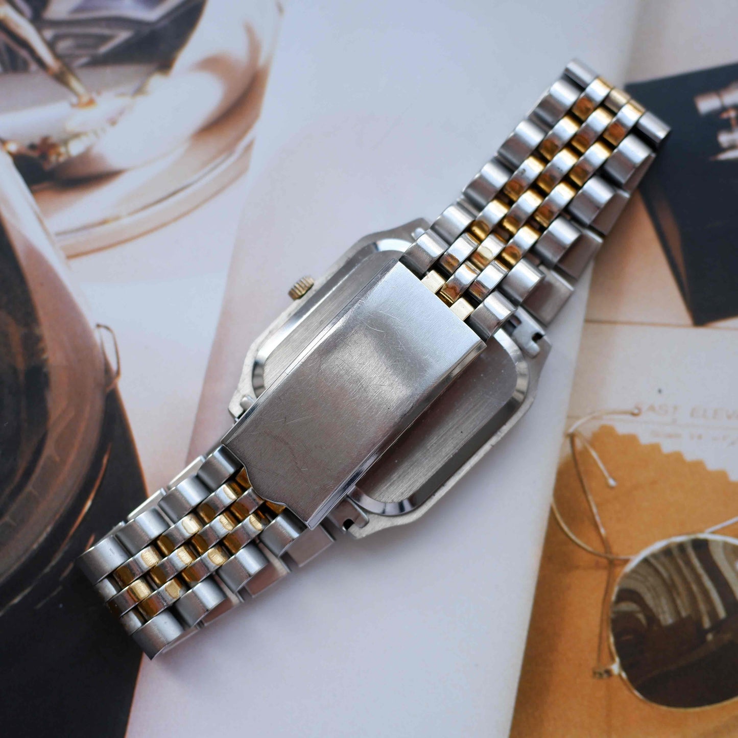 Vintage Osco Tank Style Watch 90s Roman Dial Two Tone Quartz