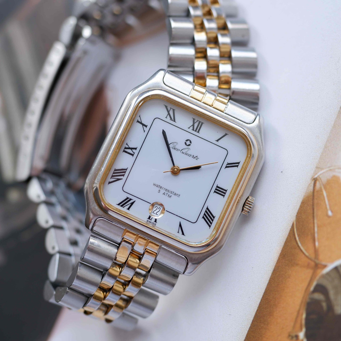 Vintage Osco Tank Style Watch 90s Roman Dial Two Tone Quartz