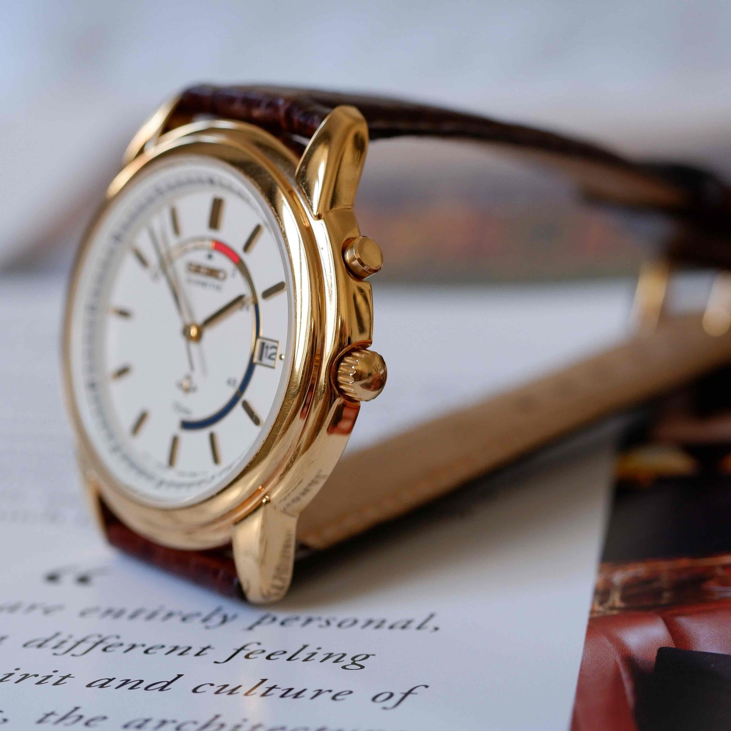 Vintage Seiko Dress Watch 90s Gold White Dial Kinetic Quartz