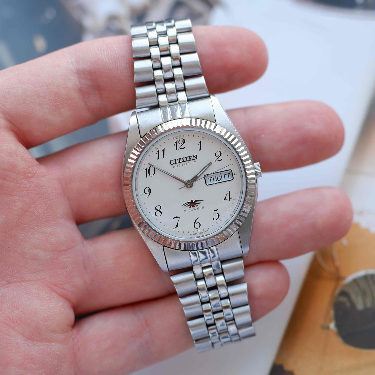 Vintage Citizen Eagle 7 Automatic Day-Date Watch 80s Arabic Numerals 21 Jewels