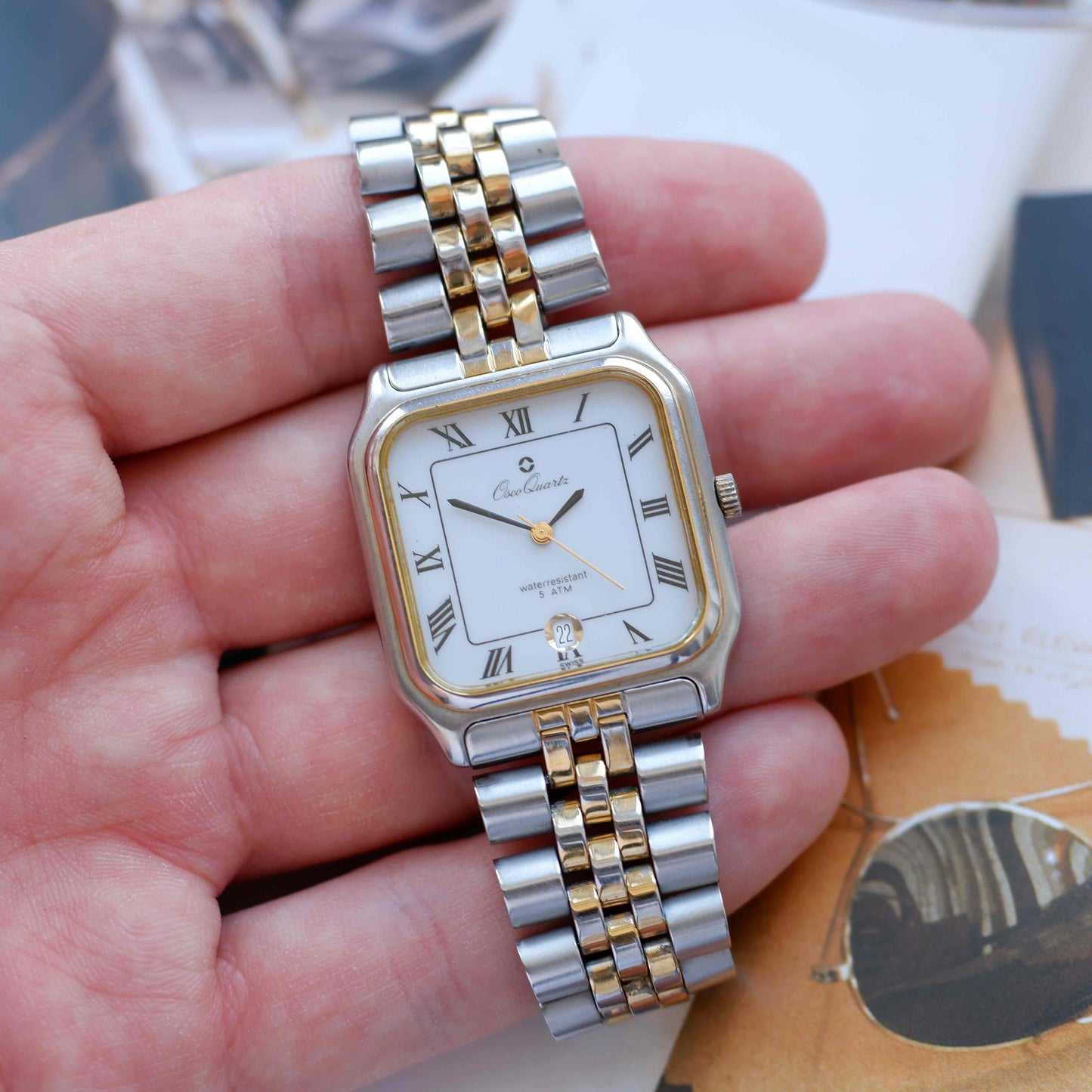 Vintage Osco Tank Style Watch 90s Roman Dial Two Tone Quartz