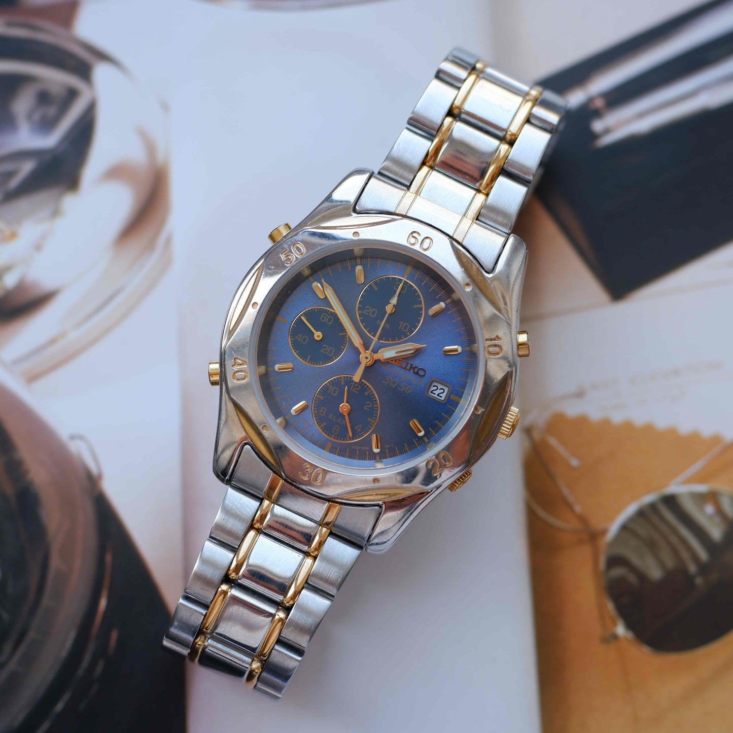 Vintage Seiko SQ50 Chronograph Quartz Blue Sunburst Dial 90s