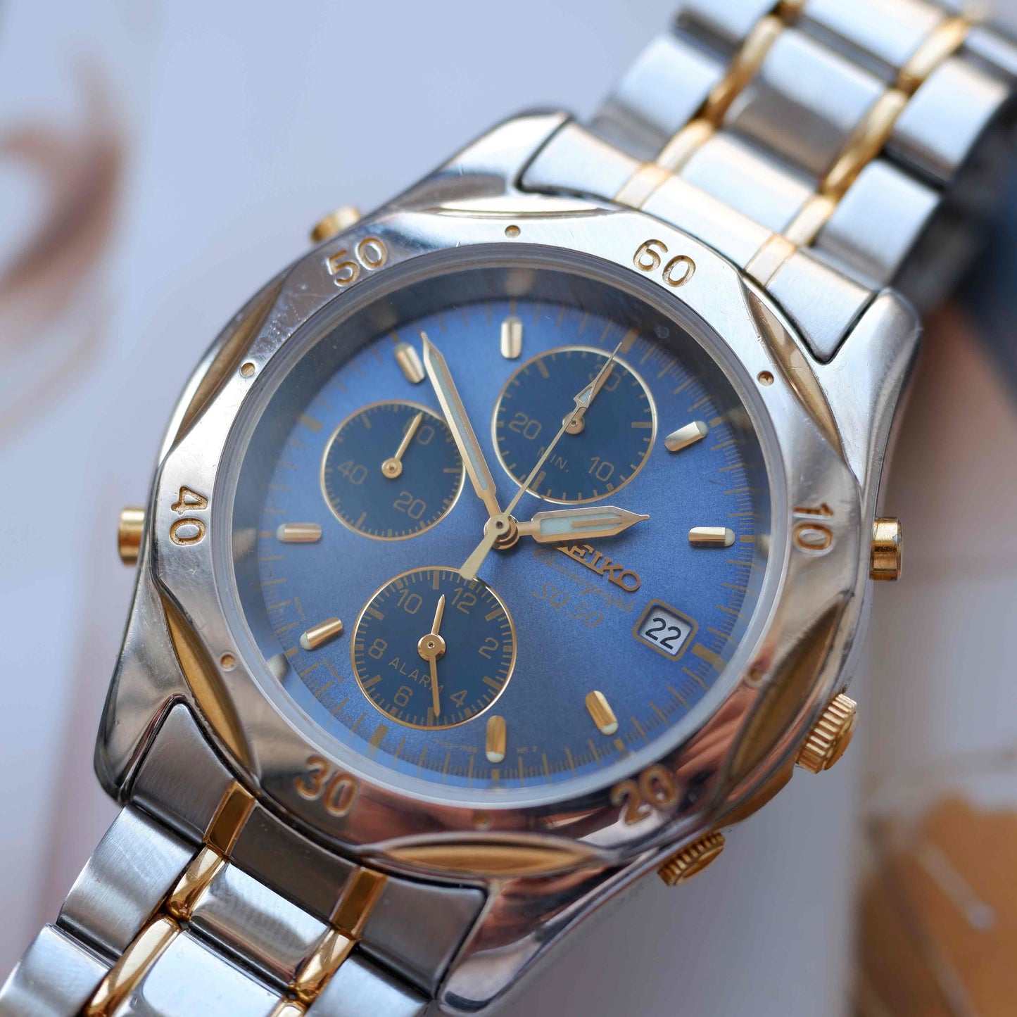 Vintage Seiko SQ50 Chronograph Quartz Blue Sunburst Dial 90s