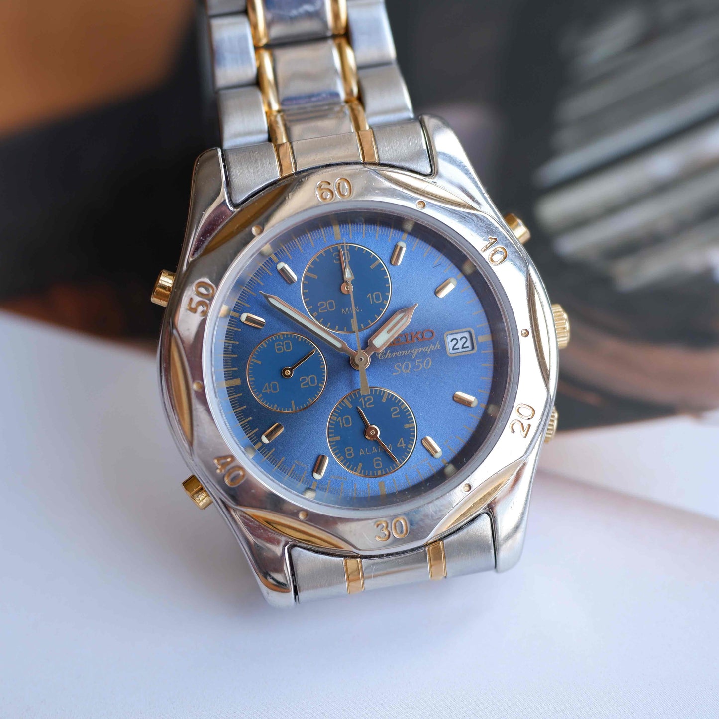 Vintage Seiko SQ50 Chronograph Quartz Blue Sunburst Dial 90s