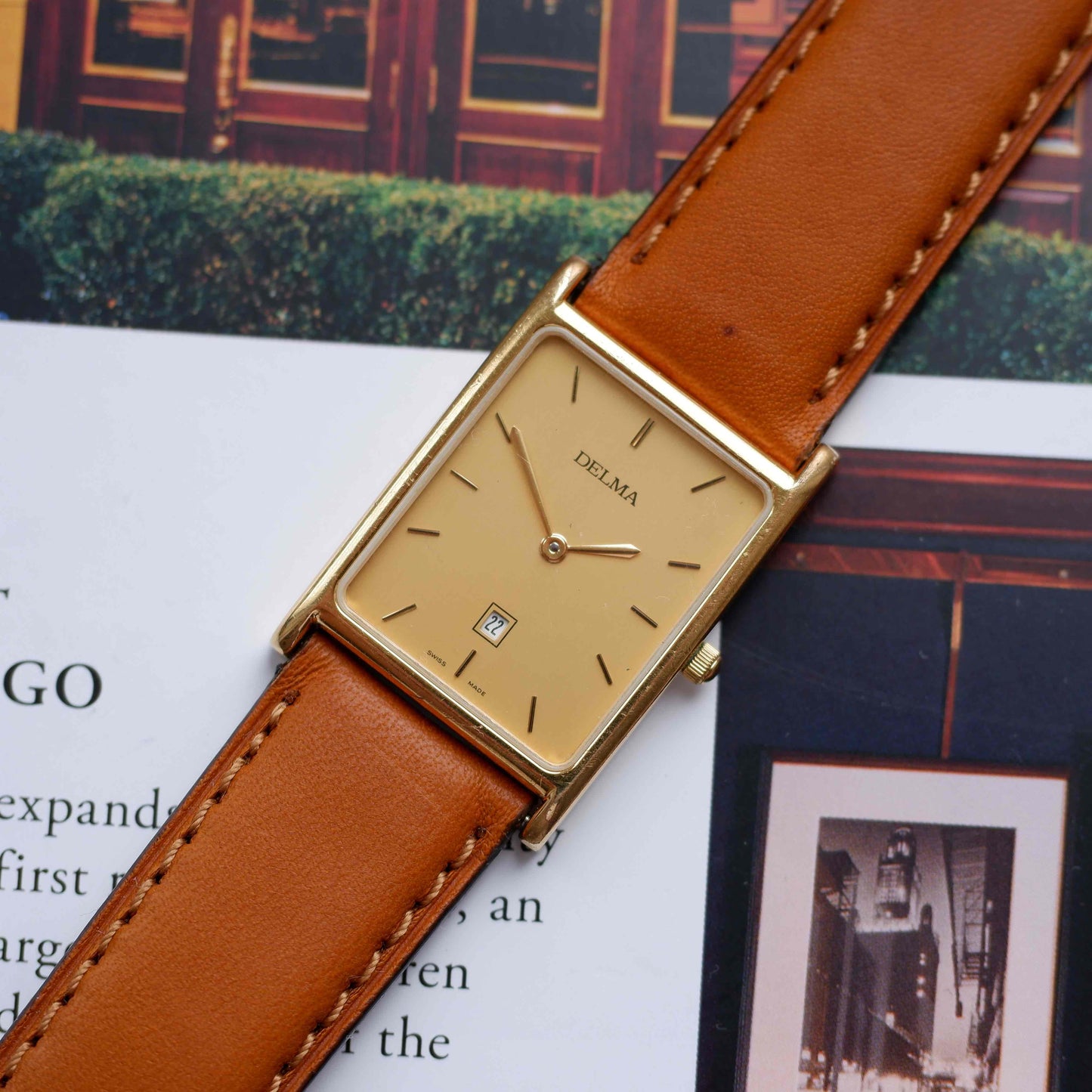 Vintage Delma Tank Style Watch 80s Gold Case Minimalist Swiss Quartz