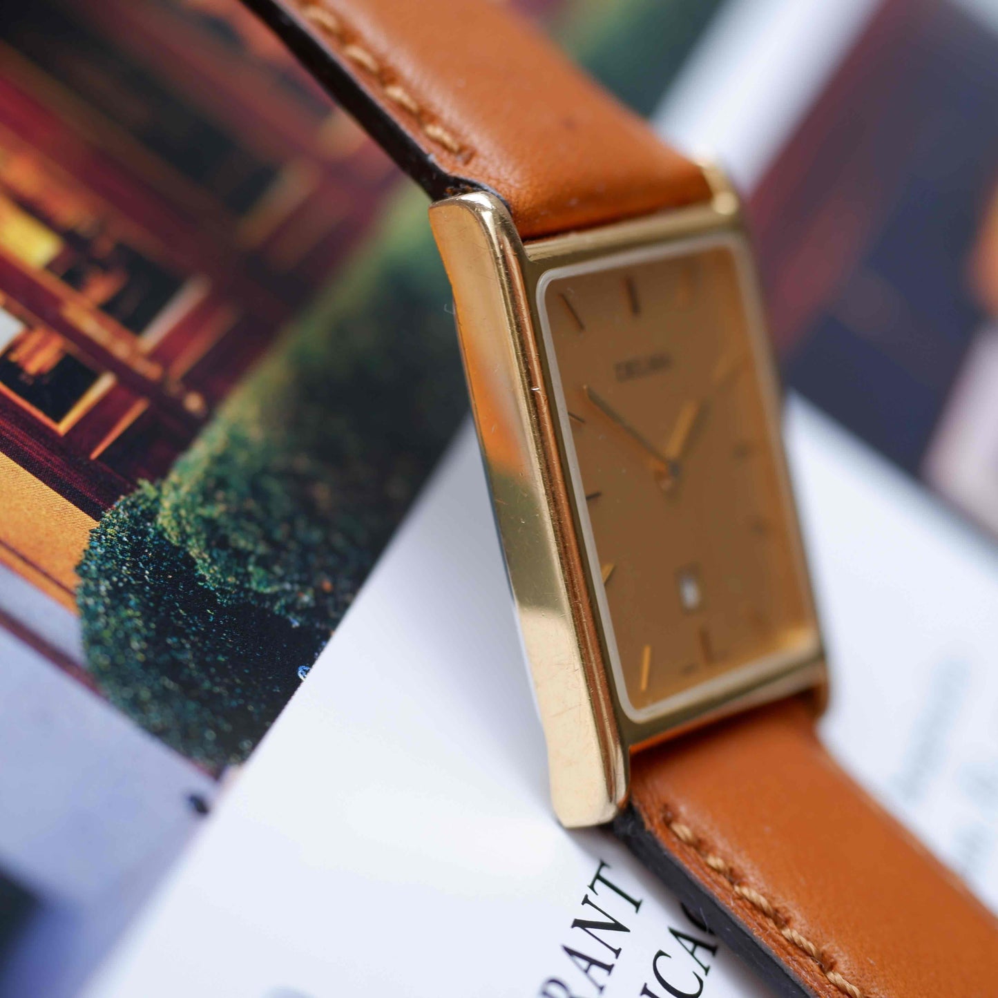 Vintage Delma Tank Style Watch 80s Gold Case Minimalist Swiss Quartz