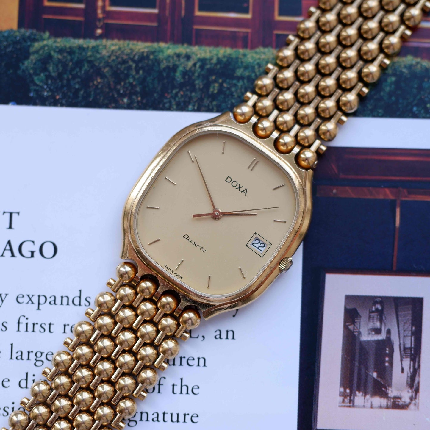 Vintage Doxa Gold Watch 80s Champagne Dial Bubble Bracelet Quartz