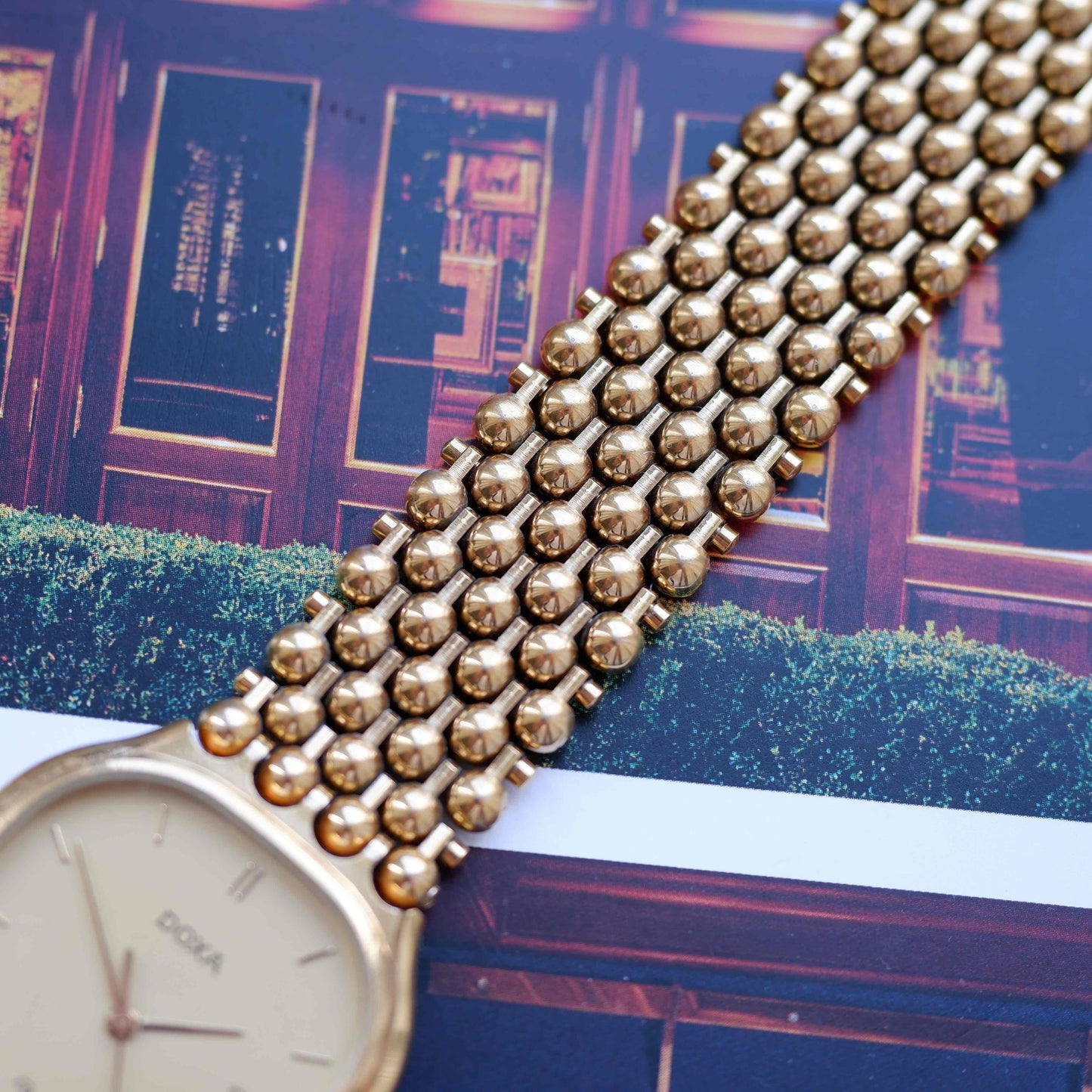 Vintage Doxa Gold Watch 80s Champagne Dial Bubble Bracelet Quartz