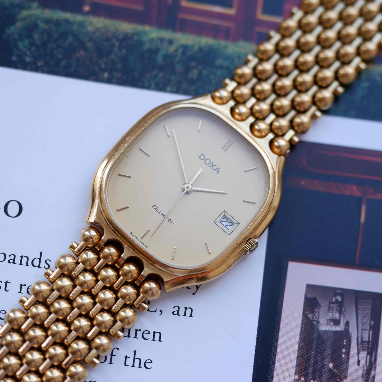 Vintage Doxa Gold Watch 80s Champagne Dial Bubble Bracelet Quartz
