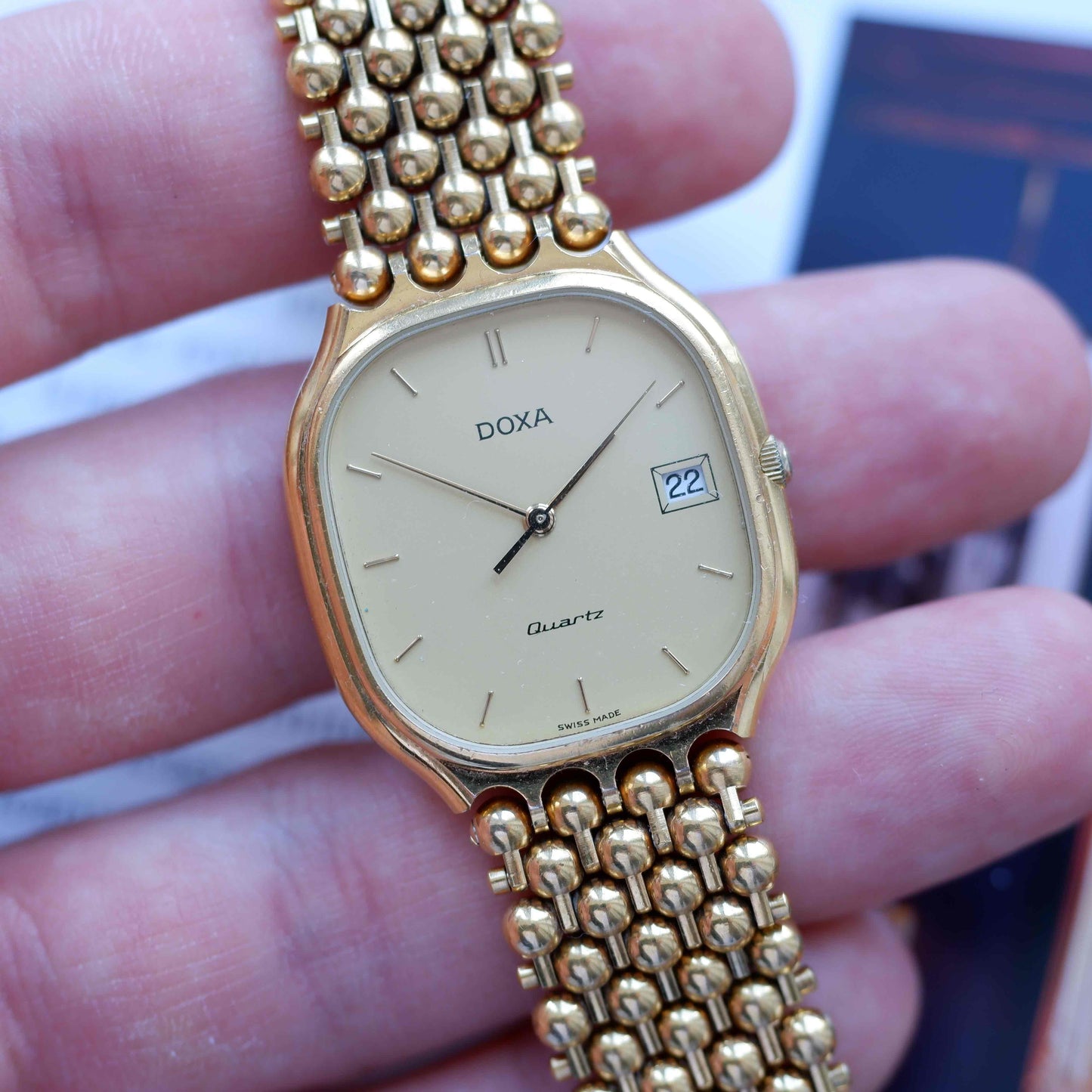 Vintage Doxa Gold Watch 80s Champagne Dial Bubble Bracelet Quartz