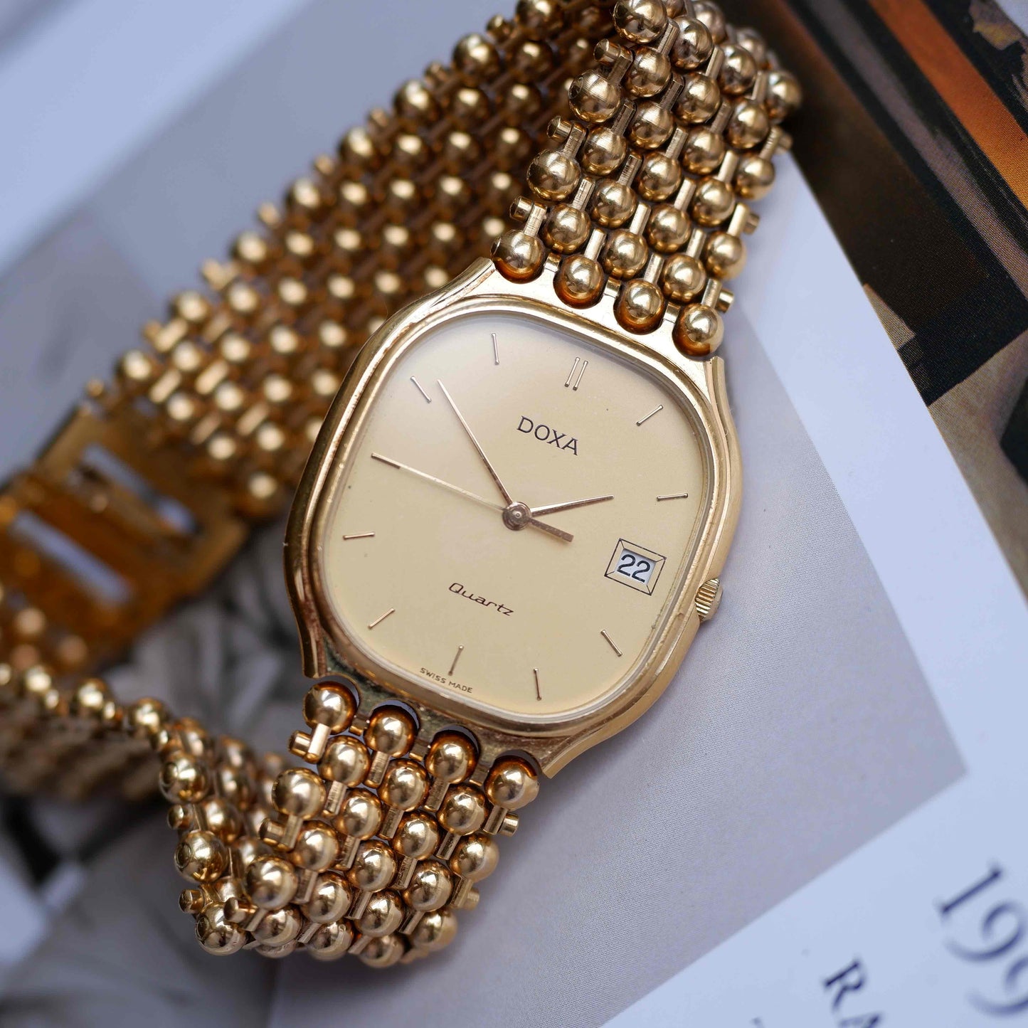 Vintage Doxa Gold Watch 80s Champagne Dial Bubble Bracelet Quartz