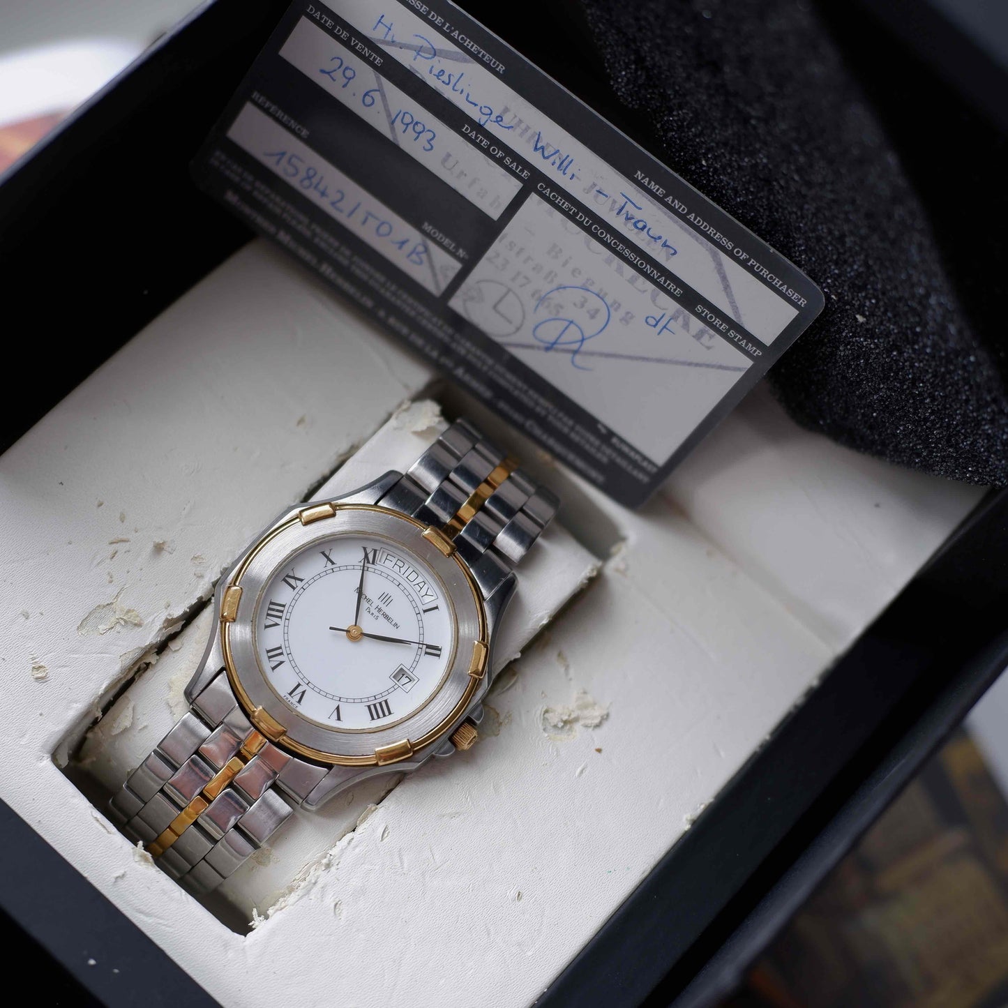 Vintage Michel Herbelin Day-Date Watch 90s Roman Dial Two Tone Quartz