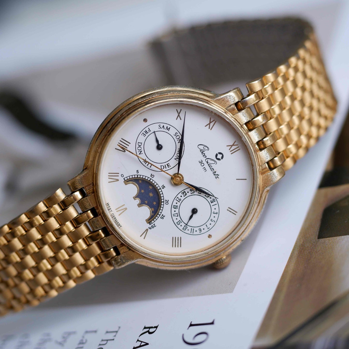 Vintage Osco Moon Phase Dress Watch 80s Gold Day and Date Quartz