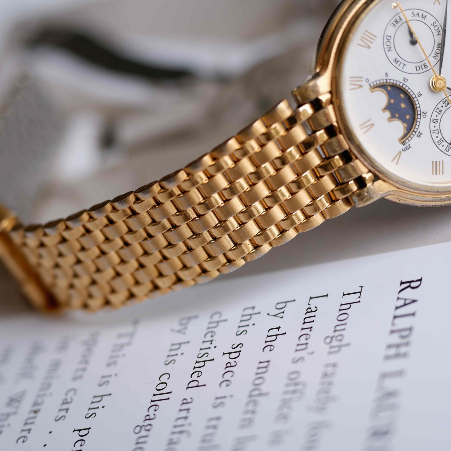 Vintage Osco Moon Phase Dress Watch 80s Gold Day and Date Quartz