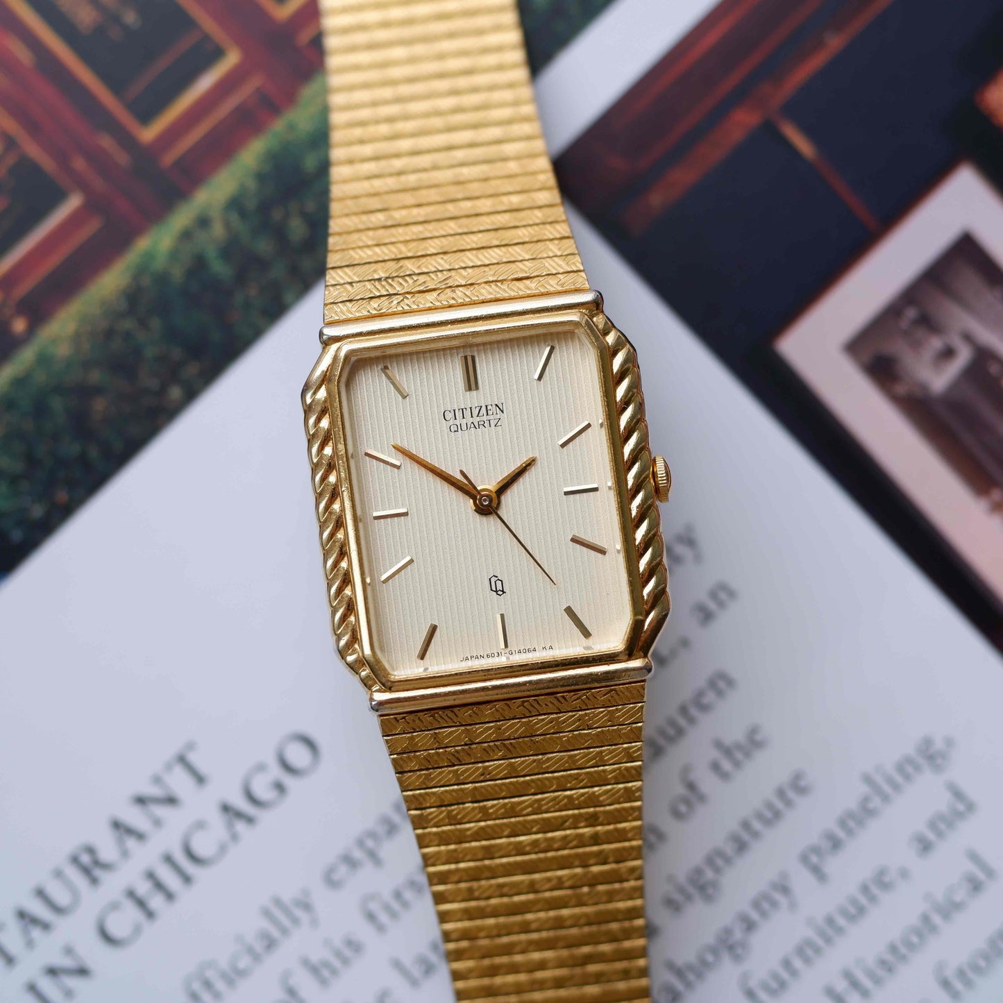 Vintage Citizen Tank Style Gold with Champagne Stripe Dial 80s