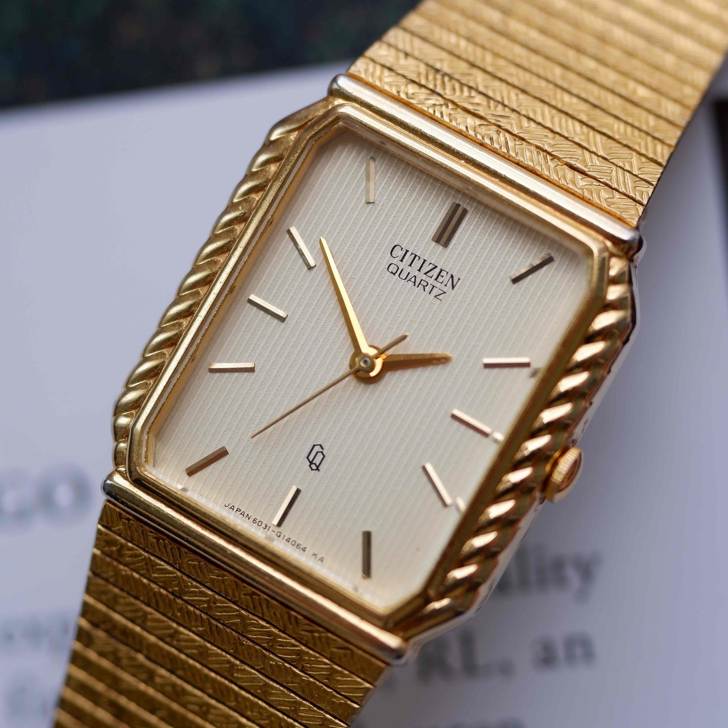 Vintage Citizen Tank Style Gold with Champagne Stripe Dial 80s
