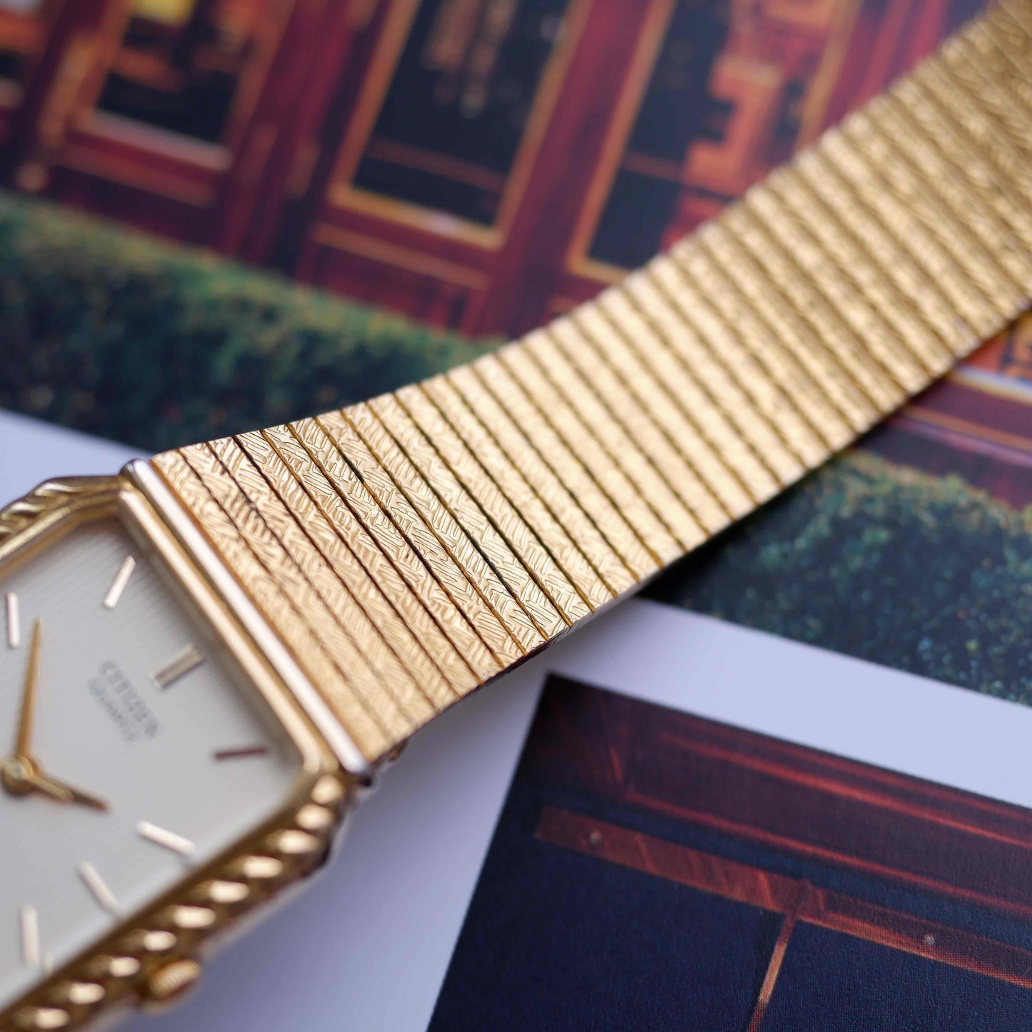 Vintage Citizen Tank Style Gold with Champagne Stripe Dial 80s