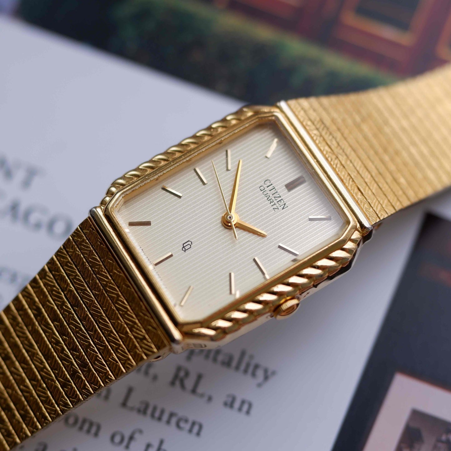 Vintage Citizen Tank Style Gold with Champagne Stripe Dial 80s