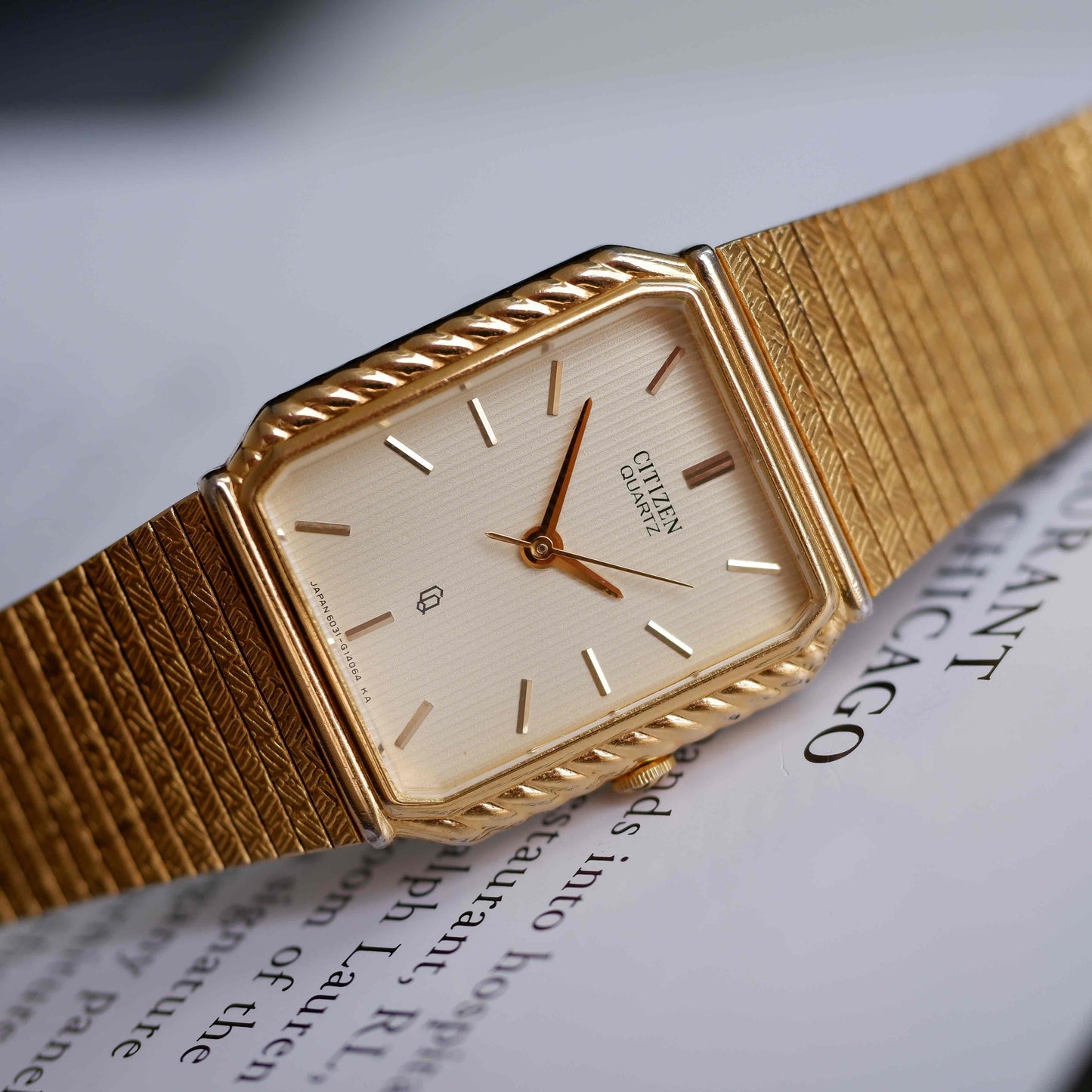 Vintage Citizen Tank Style Gold with Champagne Stripe Dial 80s