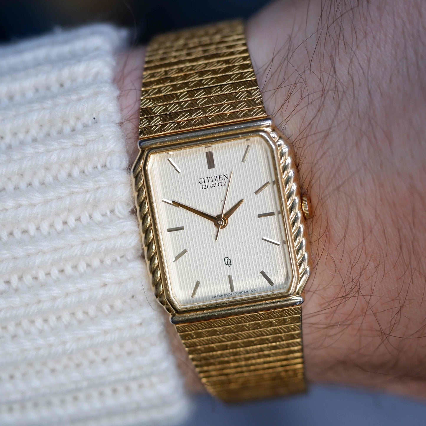 Vintage Citizen Tank Style Gold with Champagne Stripe Dial 80s