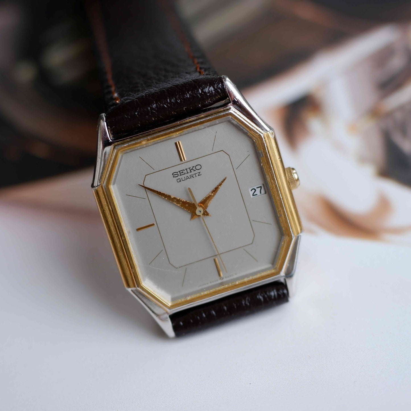 Vintage Seiko Tank Style Dress Watch 80s Gold Gray Dial Quartz