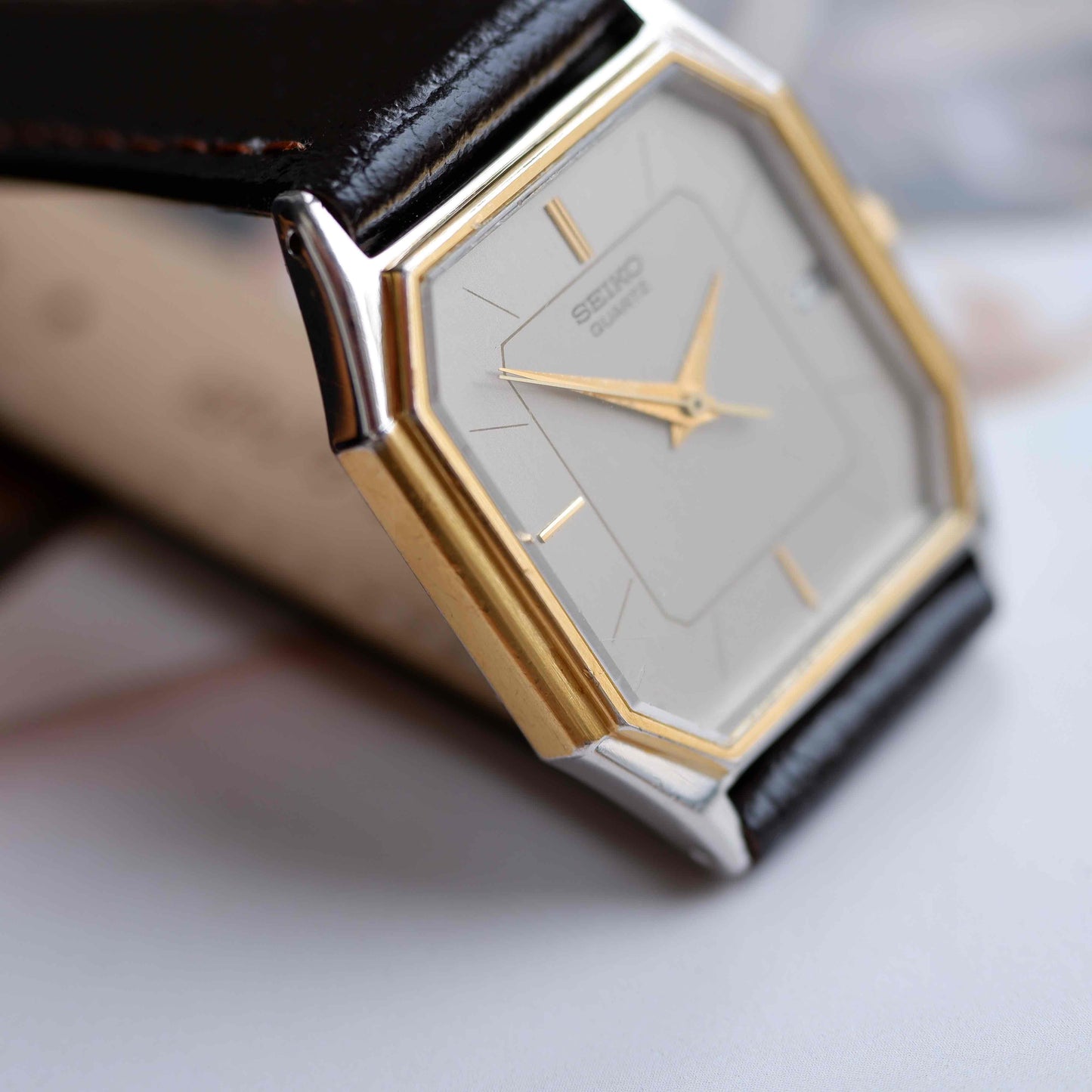 Vintage Seiko Tank Style Dress Watch 80s Gold Gray Dial Quartz