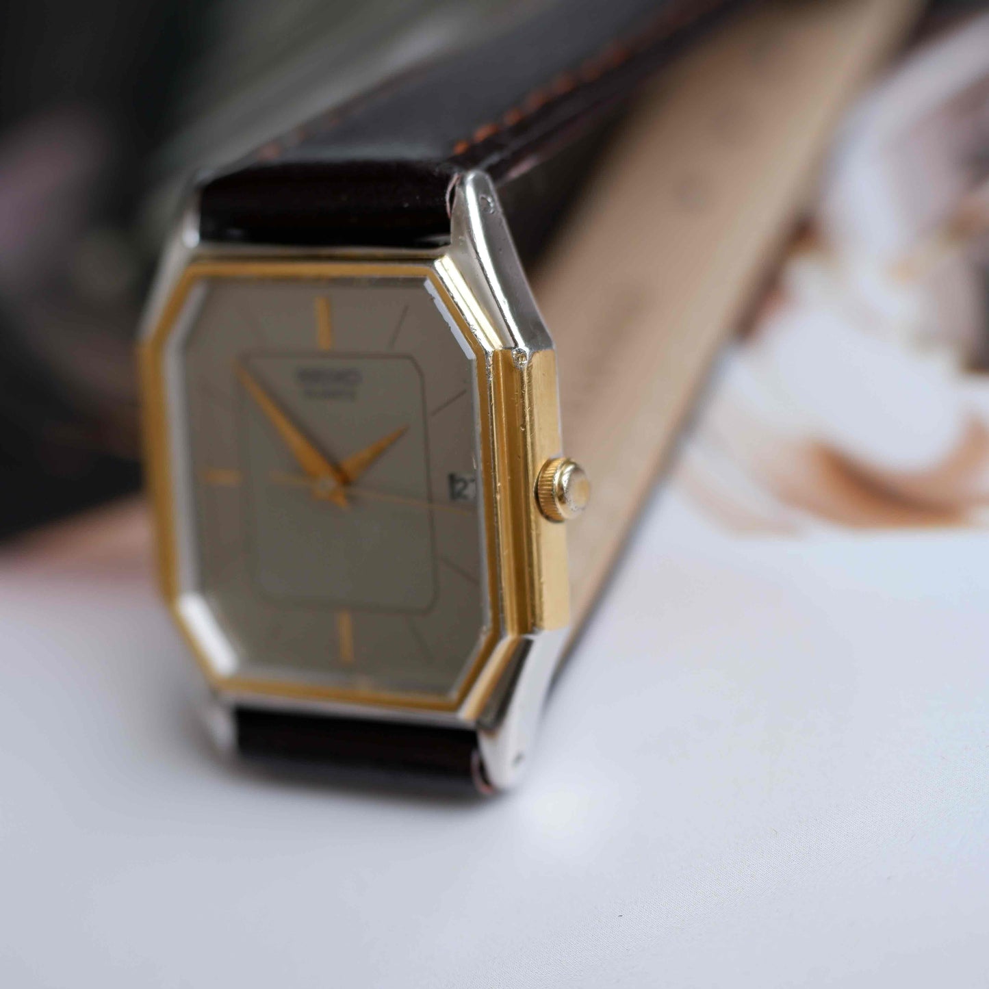 Vintage Seiko Tank Style Dress Watch 80s Gold Gray Dial Quartz
