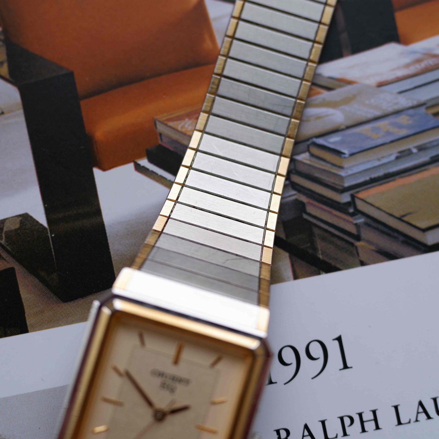 Vintage Orient Tank Style Champagne Dial Two-Tone Quartz 80s