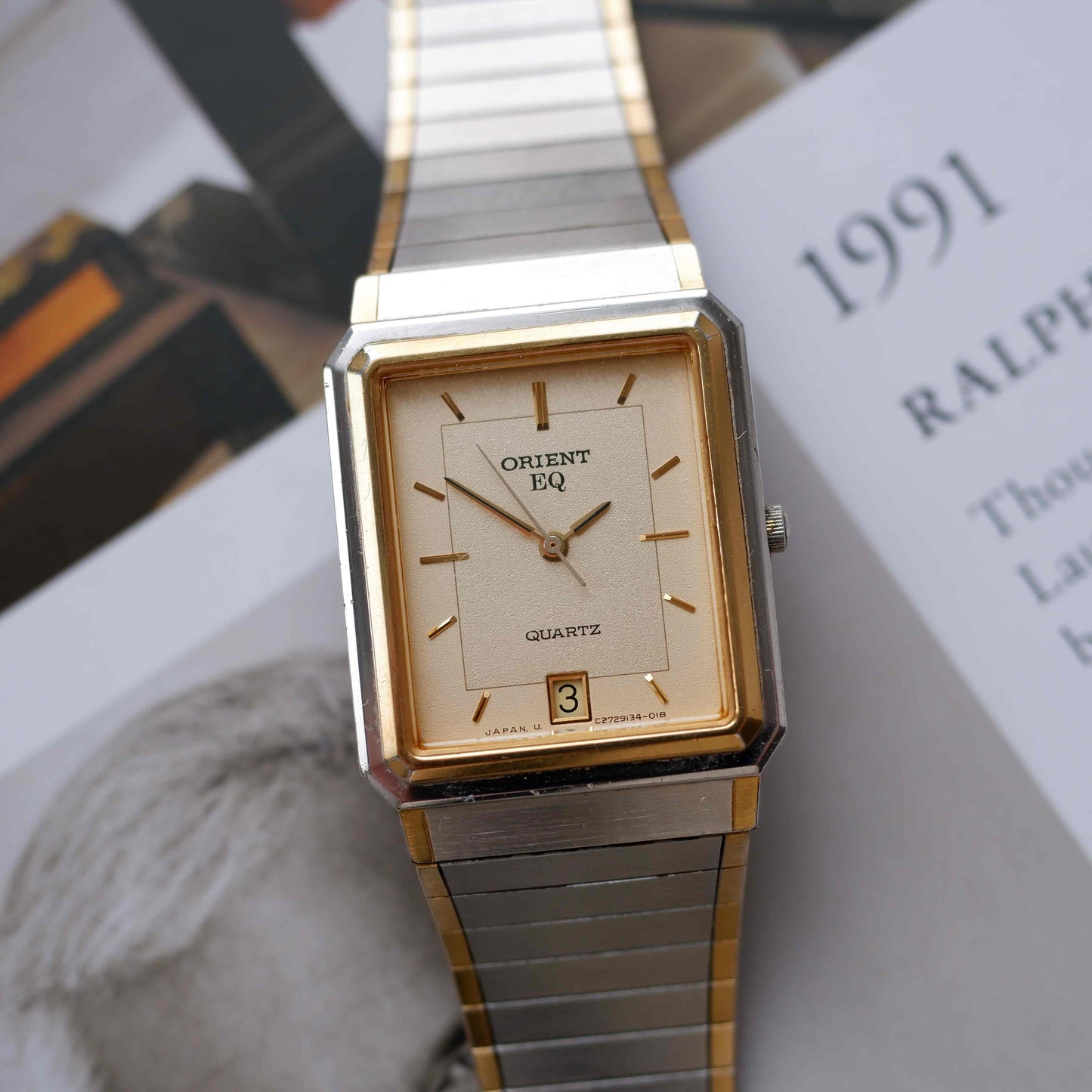 Vintage Orient Tank Style Champagne Dial Two-Tone Quartz 80s