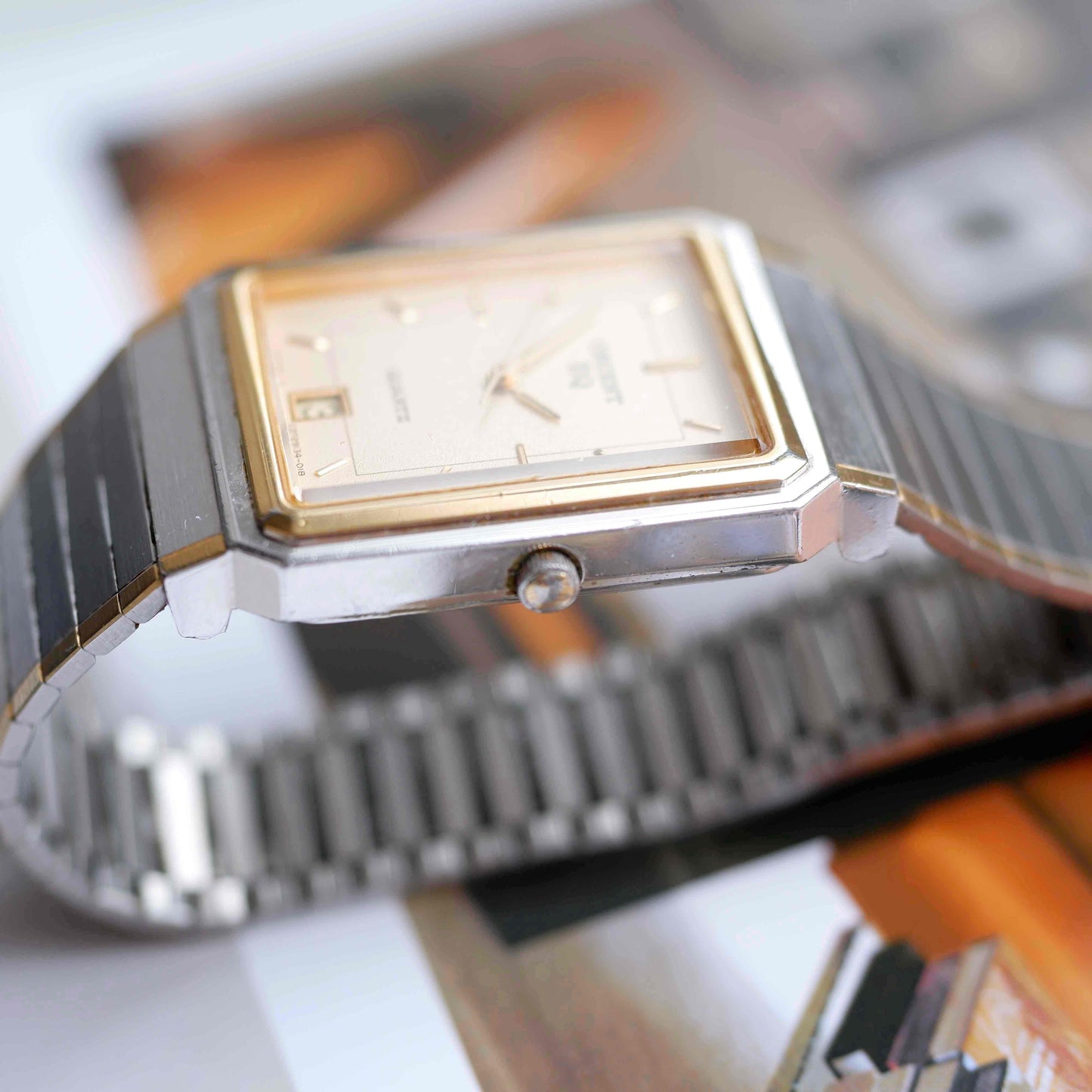 Vintage Orient Tank Style Champagne Dial Two-Tone Quartz 80s
