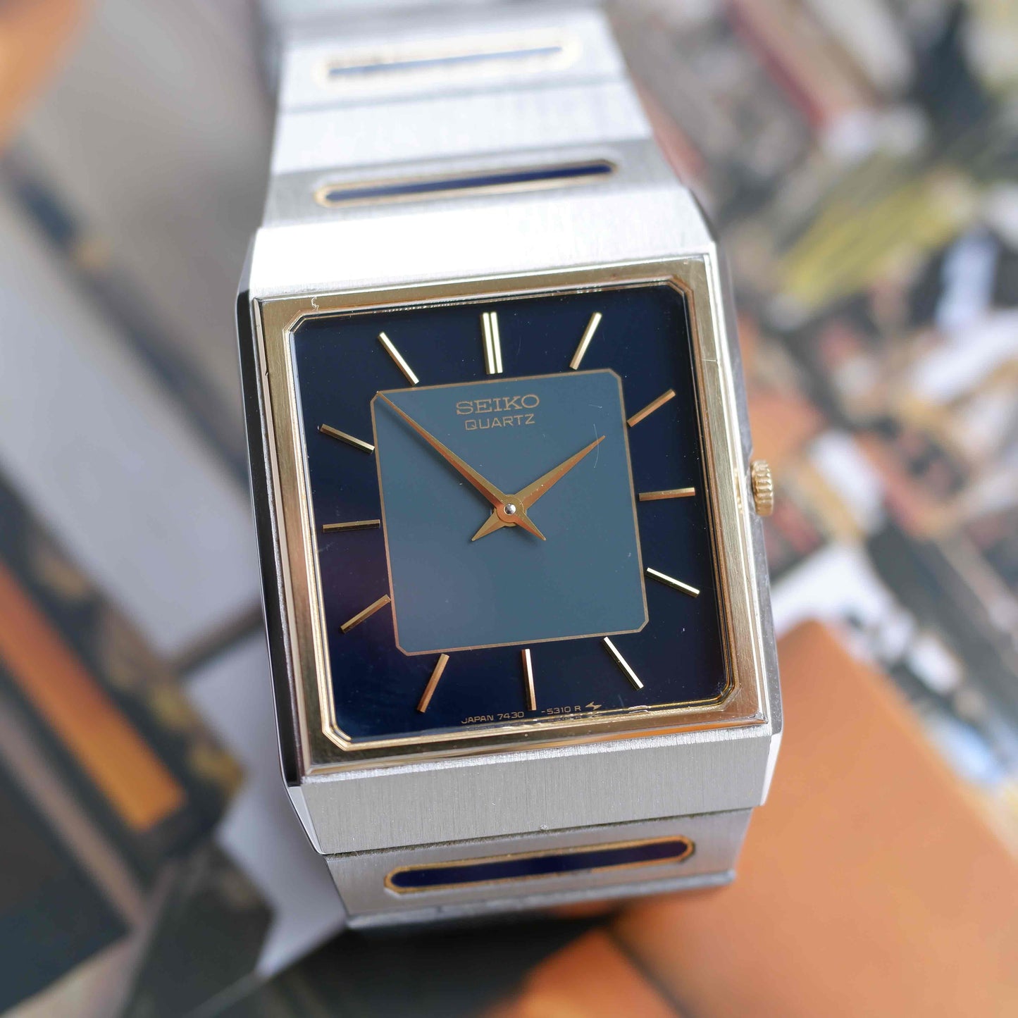 Vintage Seiko Tank Style Blue Dial Two-Tone Quartz 80s