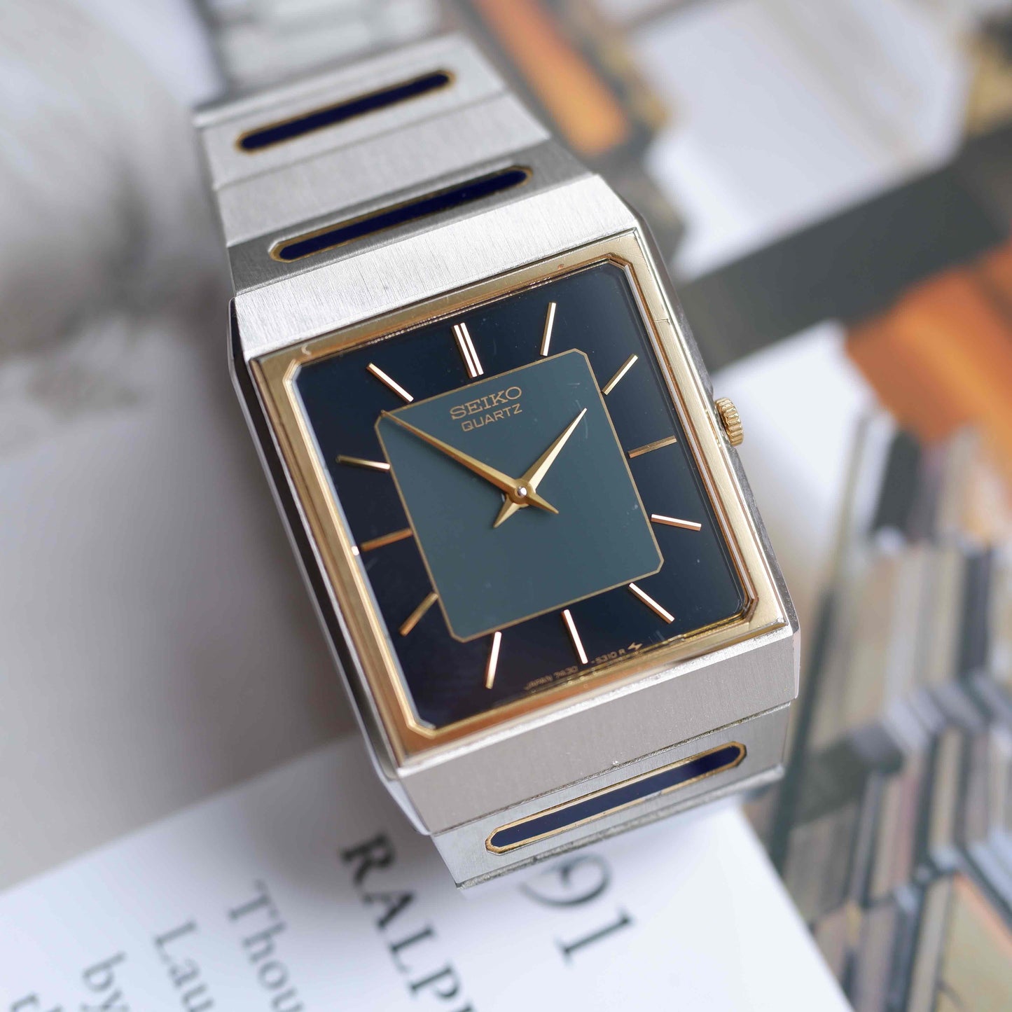 Vintage Seiko Tank Style Blue Dial Two-Tone Quartz 80s