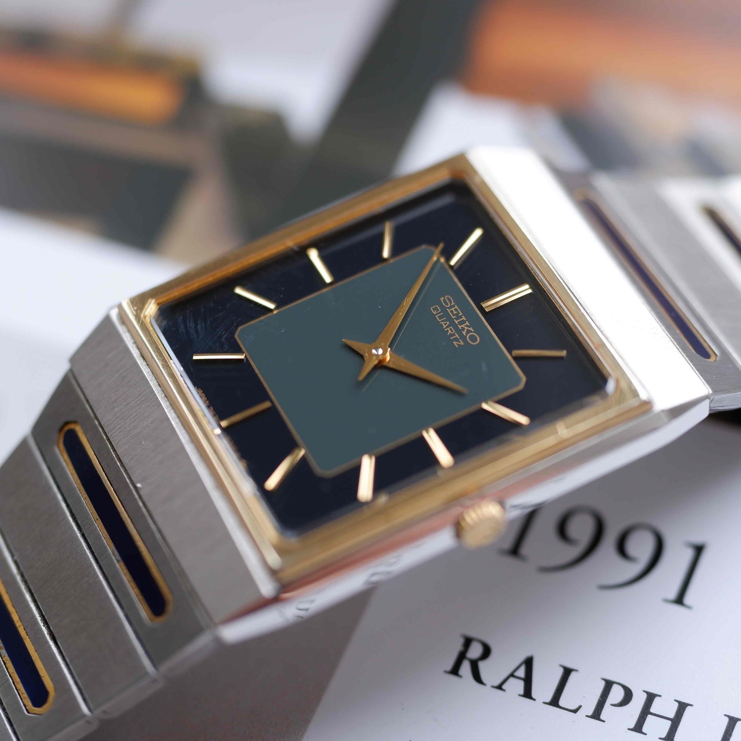Vintage Seiko Tank Style Blue Dial Two-Tone Quartz 80s