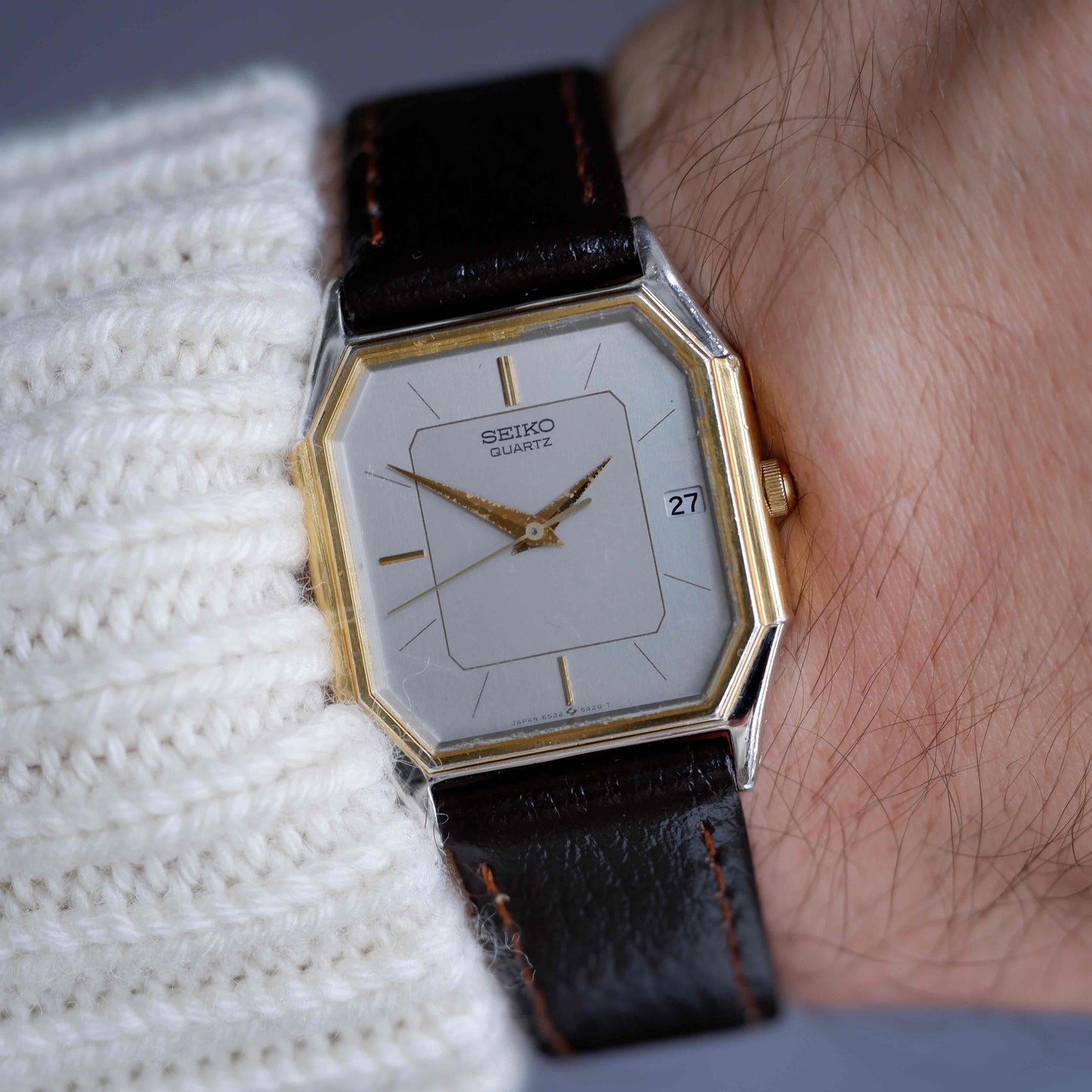 Vintage Seiko Tank Style Dress Watch 80s Gold Gray Dial Quartz
