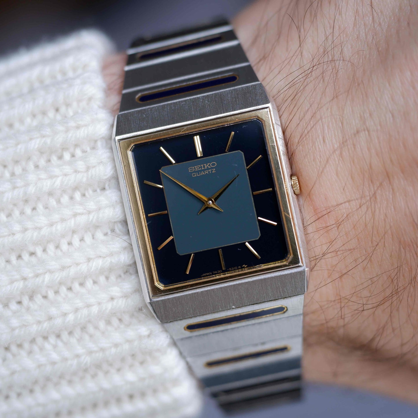 Vintage Seiko Tank Style Blue Dial Two-Tone Quartz 80s