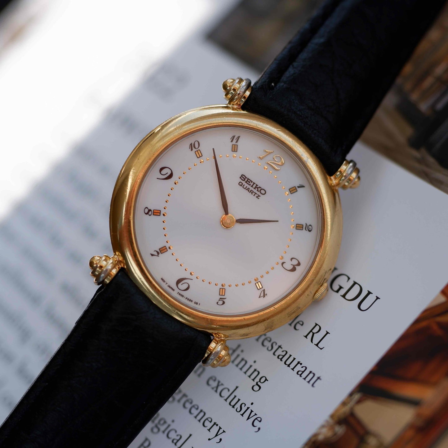 Vintage Seiko Dress Watch 80s Gold White Roman Dial Quartz