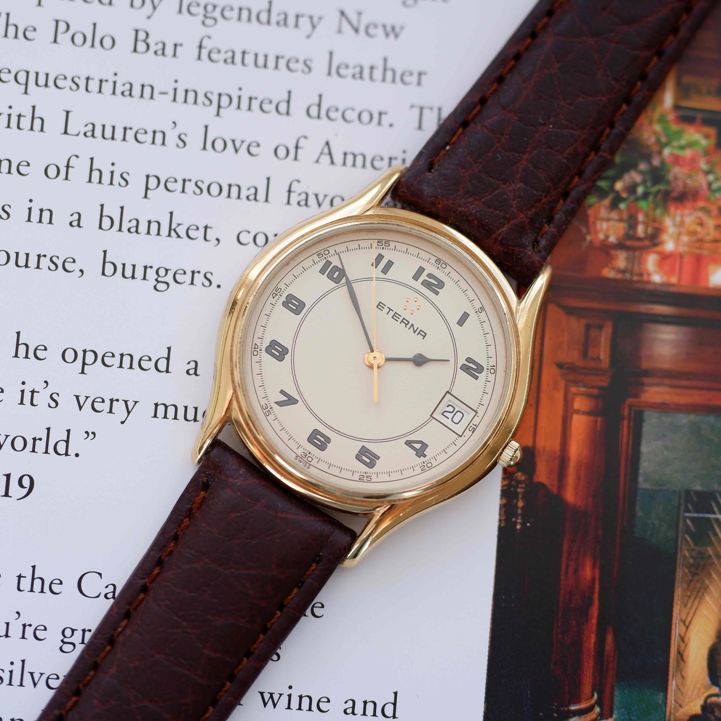 Vintage Eterna Dress Watch 90s Gold Ivory Dial and Date Window