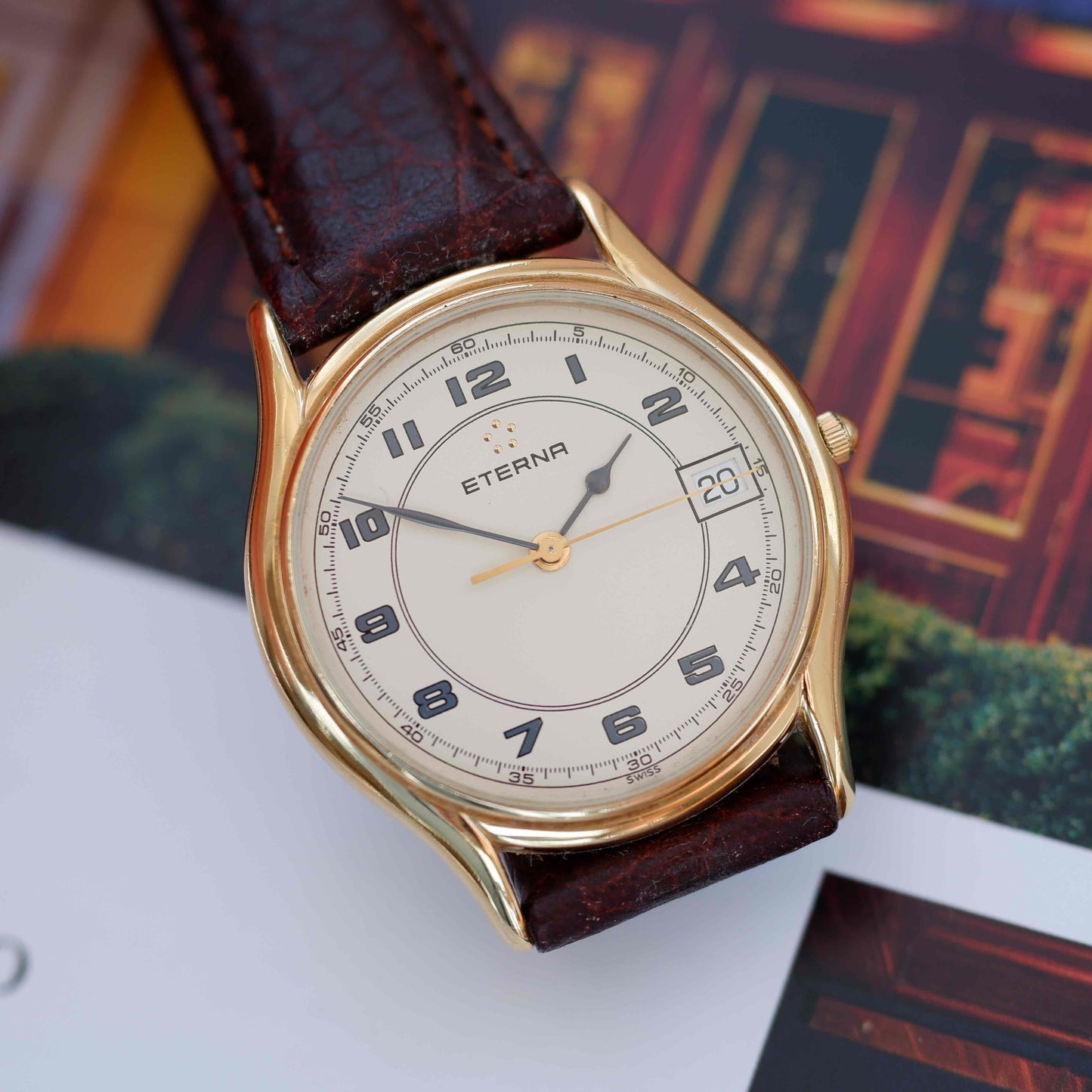 Vintage Eterna Dress Watch 90s Gold Ivory Dial and Date Window