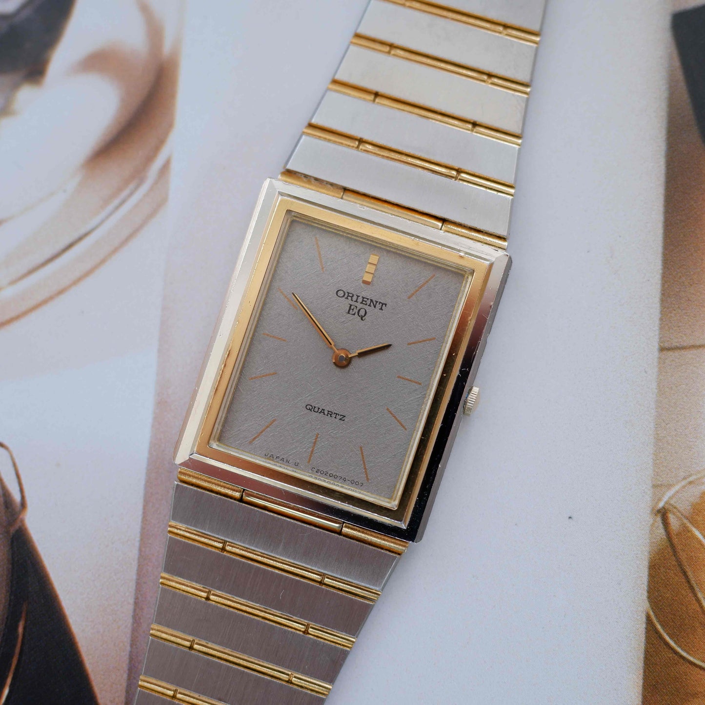 Vintage Orient Tank Style Ultra Thin Gray Dial Two-Tone Quartz 80s