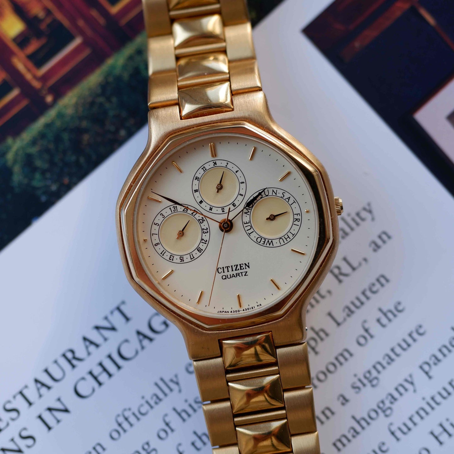 Vintage Citizen Dress Watch 90s Gold White Sub Dial Quartz Mint