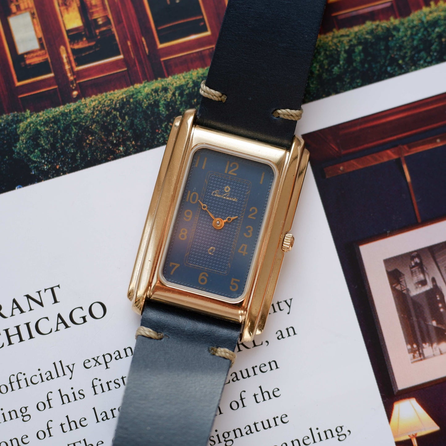 Vintage Osco Tank Watch 80s Gold Blue Dial and Guilloche Dial