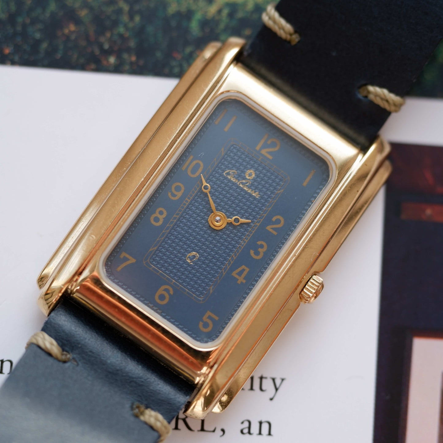 Vintage Osco Tank Watch 80s Gold Blue Dial and Guilloche Dial