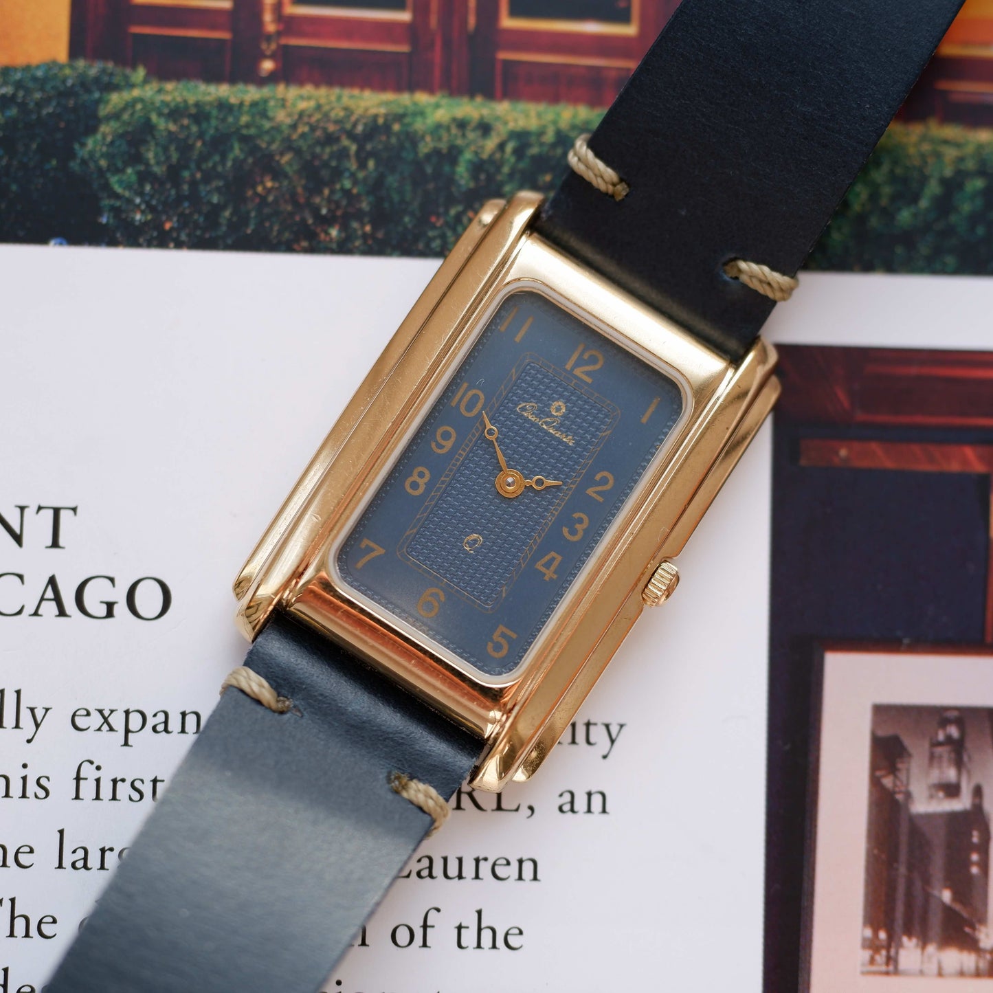 Vintage Osco Tank Watch 80s Gold Blue Dial and Guilloche Dial