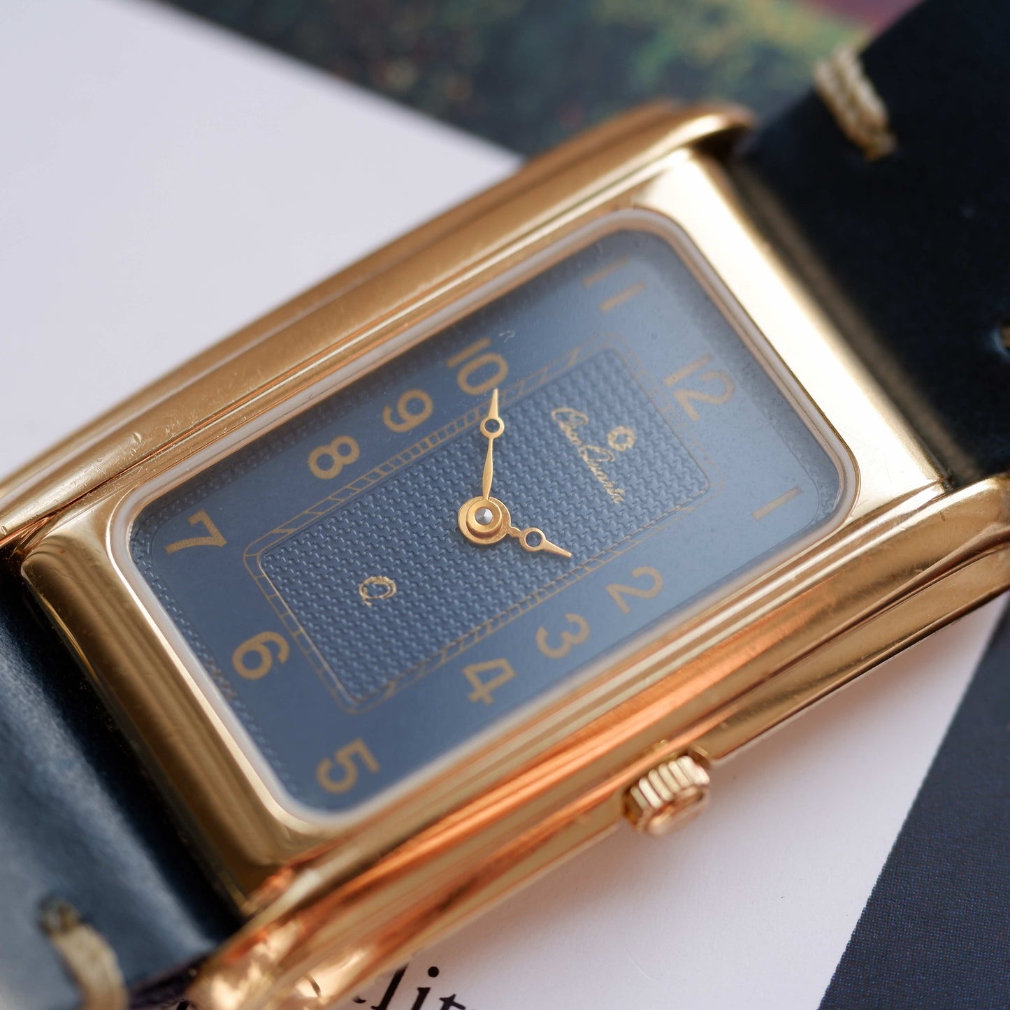 Vintage Osco Tank Watch 80s Gold Blue Dial and Guilloche Dial