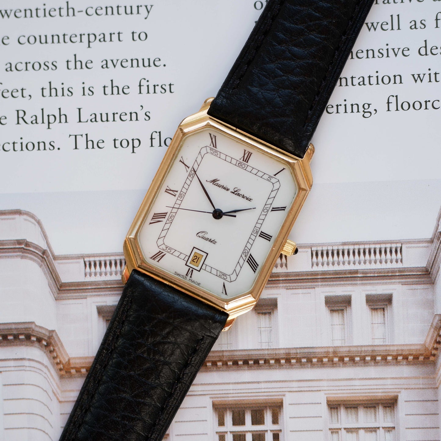 Vintage Maurice Lacroix Tank Watch 80s Gold White Dial and Date Window